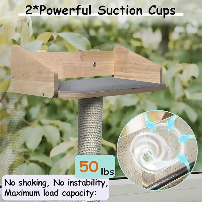 53" Cat Window Perch with Scratching Post, Cat Window Bed with Soft Mat, Non-Slip Base, 2 Suction Cups, Top Observation Perch, Max Support 50 lbs, Multi-Level Perch for Climbing (Natural Wood, 53")