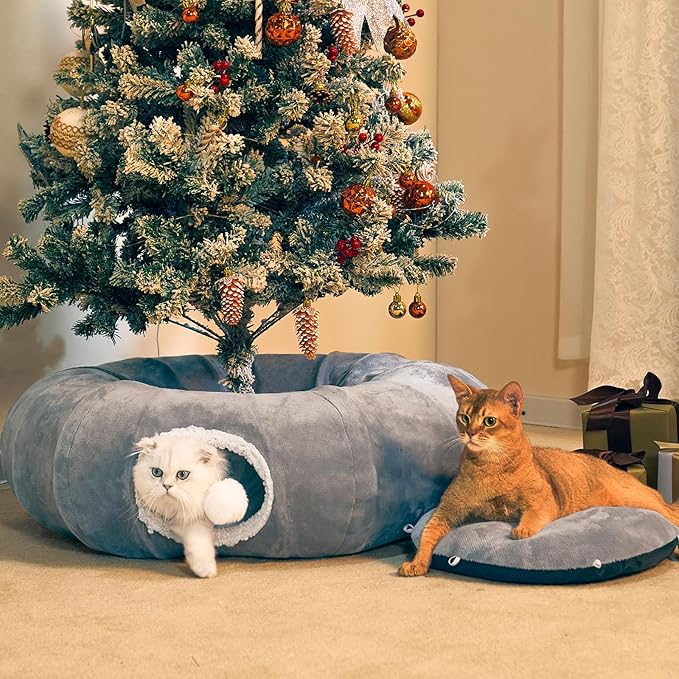 Cat Tunnel Bed for Indoor Cats 35.5 Inch XL Cat Donut Tunnels Cute Tubes Round Pet Play Tunnel Toy for Kitten Puppy Rabbit with Washable Circle Cushion Grey