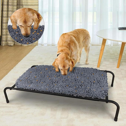 Elevated Dog Bed with Snuffle Mat Feature 2 in 1, Raised Dog Bed for Indoor and Outdoor Use Portable Warm Pet Cot with Puzzle Feeding Game for Slow Eating, Suitable for Small Medium Large Dogs