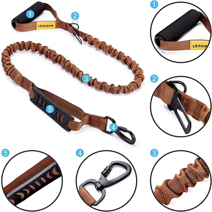 6FT Highly Reflective Heavy Duty Elastic Bungee Medium and Large Dog Leash Shock Absorbing with Comfortable Padded Handle and Traffic Handle Suitable for Training