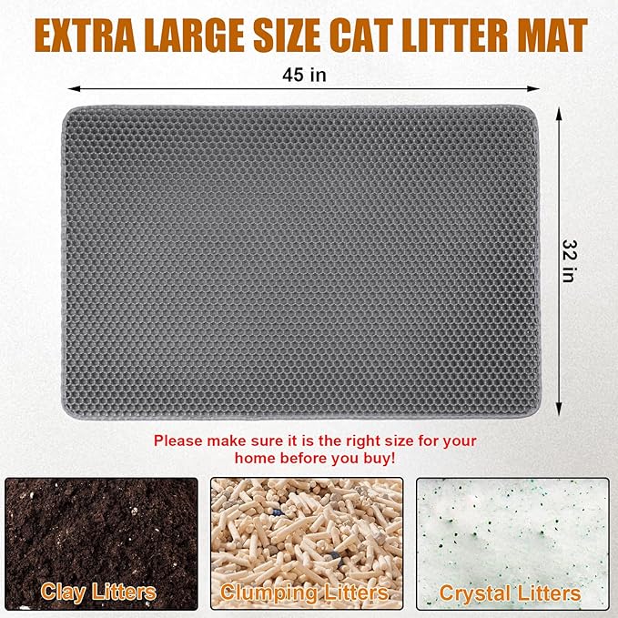 XL Cat Litter Mat - 45"x32" Extra Large, Honeycomb Double Layer Traps Litter, Washable & Urine Proof, Non-Toxic EVA for Multi-Cat Homes (Grey)