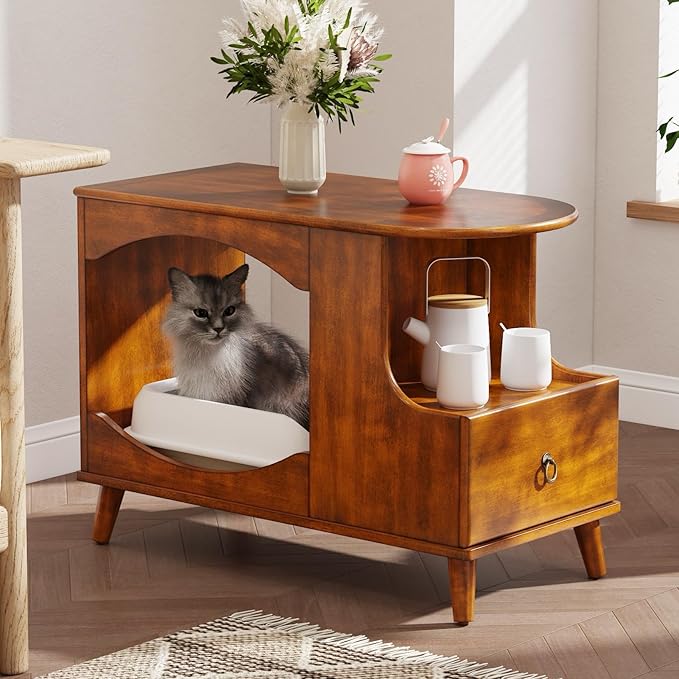 Farmhouse Cat Litter Box Enclosure End Table with Drawer and Open Space, Wood Beside Table, Hidden Litter Box Furniture,15.7" x 31.5" x 23.2" for Living Room, Hallway, Walnut Brown MGBJ-A1359-MG