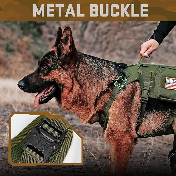 Forestpaw Tactical Dog Harness for Large Dogs,Tactical Dog Collar with Bungee Leash Set,No Pull Military Dog Harness for Walking Training,Adjustable for Medium Large Dogs,Green,Chest 19.5-41.5"