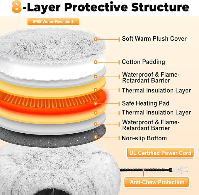 Heated Cat Bed Indoor – 31.5'' Cozy Warming Donut Cat Tunnel Bed with Timer & Temp Adjustable, Removable Waterproof Electric Heating pad, Play & Rest in One, Treat Your Kitty to Warmth & Fun
