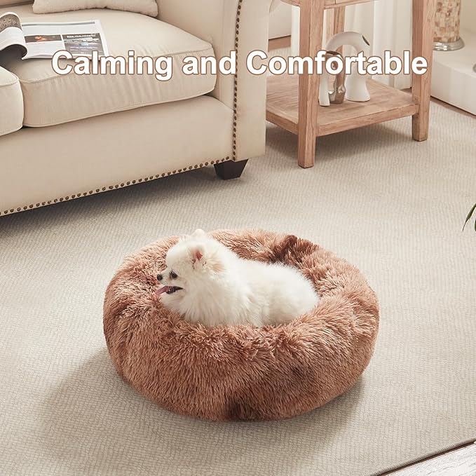 23 inches Donut Dog Bed for Small Dogs - Calming Washable Round Puppy Bed with Removable Cover, Fluffy Plush Pet Bed for Cats & Dogs, Fits up to 25 lbs Pets (Tie-dye Brown,Small)