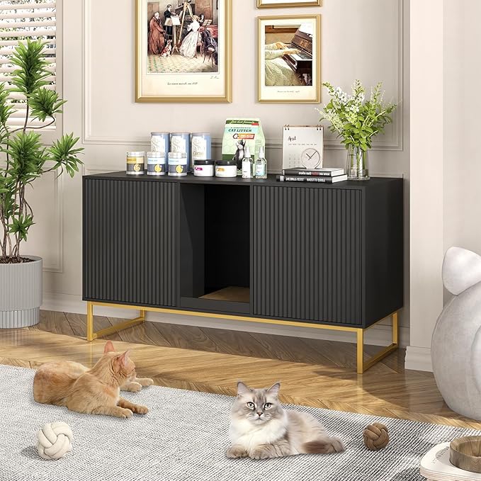 Kitty Litter Box Enclosure for 2 Cats, Small Hidden Cat Litter Box Furniture with Scratch Pad, Modern Fluted Double Litterbox Cabinet TV Stand for Kittens, Black