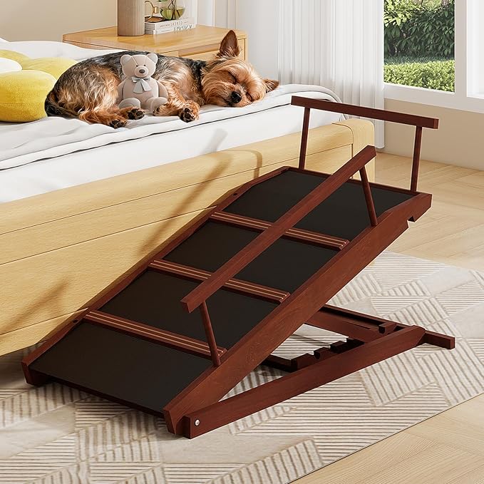 Walnut Wooden Dog Ramp for Bed Folding Pet Ramp for Dogs,Including Non Slip Mat & Safety Side Rails Adjustable Dog Bed ramp from to Up to 132 lbs