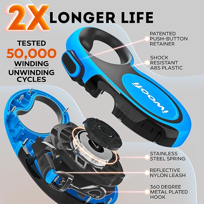 2025 New Retractable Dog Leash 16.4 ft – Heavy Duty for Dogs up to 110 lbs, Stainless Steel Spring, 360° Tangle-Free, One-Touch Lock Control, Soft Anti-Slip Handle – Strong, Durable Pet Leash (Bue)