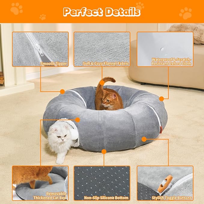 Cat Tunnel Bed for Indoor Cats 35.5 Inch XL Cat Donut Tunnels Cute Tubes Round Pet Play Tunnel Toy for Kitten Puppy Rabbit with Washable Circle Cushion Grey