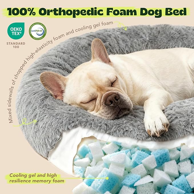 Orthopaedic Round Dog Beds for Large Dogs Washable with Removable Cover,Extra Comfort Calming Foam Cooling Gel Pet Bed with Waterproof Plush Cushion,Fluffy Anti Anxiety Cuddler for Sleep 36 Inch,Grey