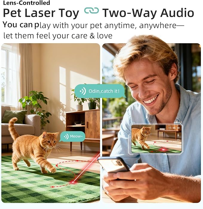 ASFSKY Pet Camera 2K Indoor Cat Camera Auto-Tracking for Cats, Cat Laser, Motion Detection Alerts, Night Vision, 2-Way Audio of pet Monitor, Cat Dog Home Security Camera with Phone App （Light Green）