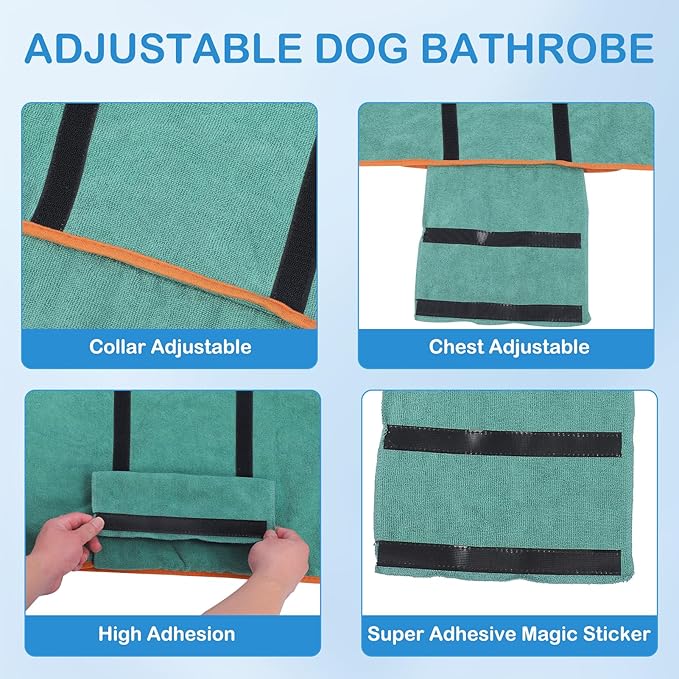 Dog Drying Coat - Fast Drying Dog Bathrobe Towel,Super Absorbent Pet Cat Bath Robe,Microfibre Quick Dry Warm Keeping Dogs Robes Towel with Soft Adjustable Collar & Belly Strap (Gray, Large)
