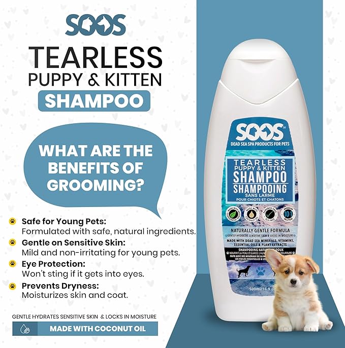 Soos Pet Tear-Less Shampoo for Puppies and Kittens | Natural Dead Sea Minerals | Fast Absorbing, Moisturizing, Gentle Skin Care | Vitamins & Essential Oils for Sensitive Skin - 500ml