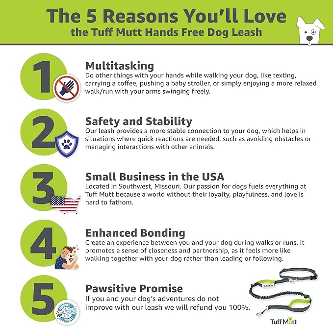 Tuff Mutt Hands-Free Waist Leash for Dog Walking, Running and Hiking, Adjustable Belt with Double Handle, Reflective Bungee Design for Large & Medium Dogs