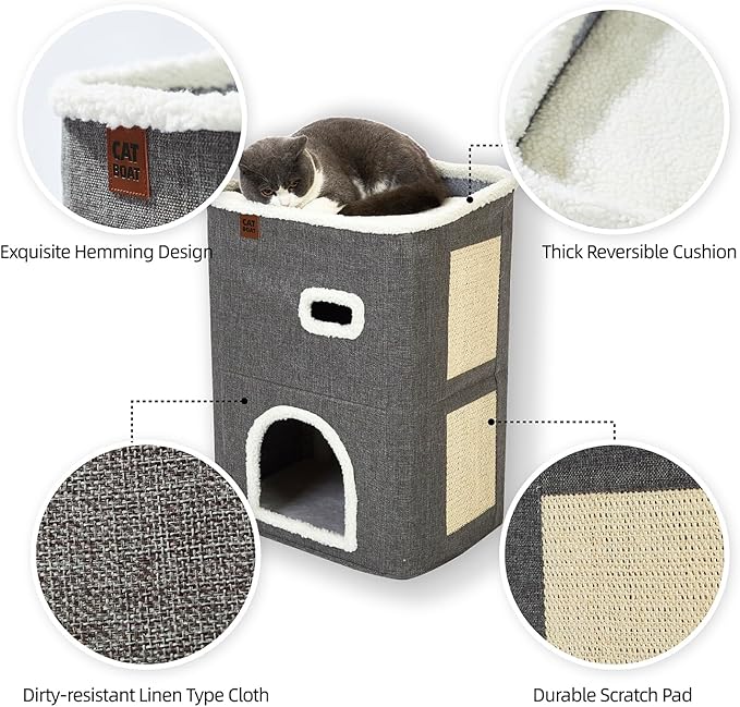 CATBOAT 2-Storey Cat House for Indoor Cats Bed, Covered Beds & Furniture with Scratch Pad and Hideaway Cave, Cute Modern Condo for Multi Small Pet Large Kitten Kitty, Grey