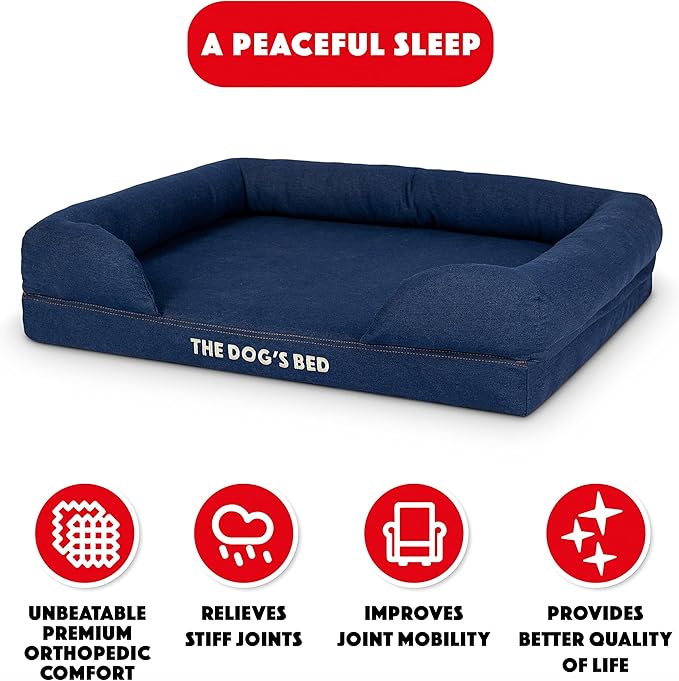 The Dog’s Bed, Med Blue Denim, Memory Foam, Pain Relief: Arthritis, Hip & Elbow Dysplasia, Post Surgery, Lameness, Supportive, Calming, Waterproof Washable Cover, Veterinary Approved