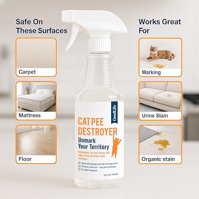 Cat Pee Destroyer - Cat Urination Stain & Urine Odor Eliminator for Home - Deodorizer for Litter Box, Carpet, Mattress, Couches, Furniture, & Floors (CPD 32)