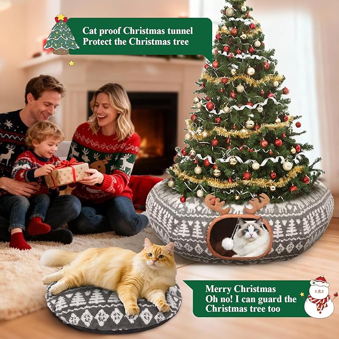 Christmas Cat Tunnel Bed - Cat Tunnels Christmas Tree Skirt for Indoor Cats - Soft Plush Cats Donut Cave with Washable Mat, Pet Play Toy Xmas Decor for Kitten, Rabbit, Puppy, Small Animal