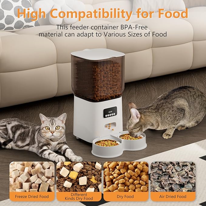 Automatic Cat Feeder, 5L Timed Dual Dog Food Dispenser with Dual Power Supply Programmable 1-15 Meals Control with Auto Pet Feeder for Cats and Dogs (Button)