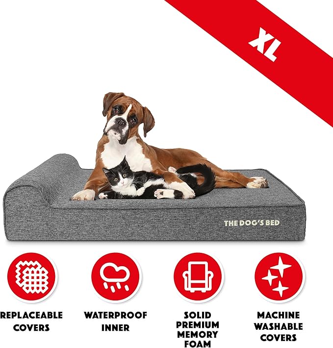 The Dog’s Bed Orthopedic Headrest Dog Bed XL Linen Grey, Memory Foam, Pain Relief for Arthritis, Hip & Elbow Dysplasia, Post Surgery, Lameness, Waterproof Washable Cover
