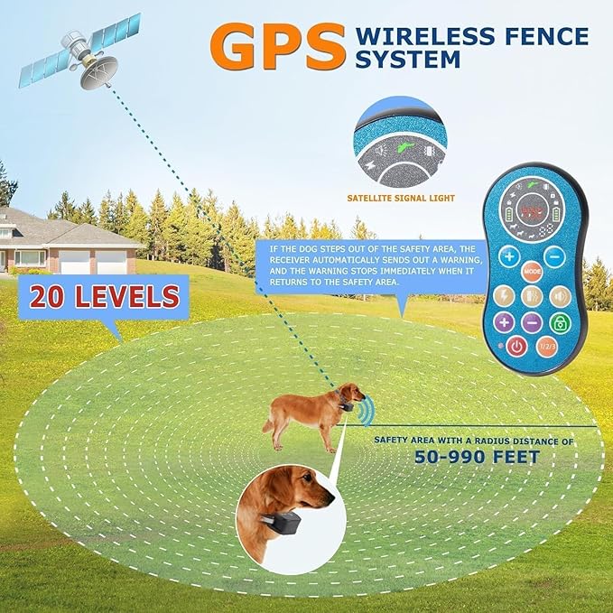 DOTSTAR Dog Wireless Fence Pet Training Collar GPS 2 in 1 System, Adjustable Range Dog Wireless Fence 50-990 Feet, GPS Wireless Charging Dog Fence, Fully Sealed Waterproof Collar Receiver