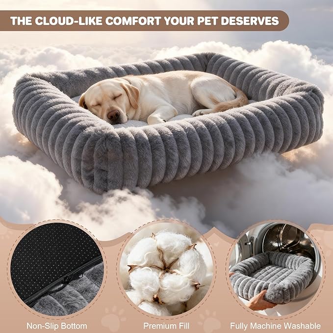 Dog Beds Large Sized Dog, Washable Self Warming Dog Cat Bed Rectangle Orthopedic Large Pet Sofa, Super Soft Plush Rabbit Fur Pet Couch Cute Cat Bed with Removable Zipper Cover & Anti-Slip Bottom