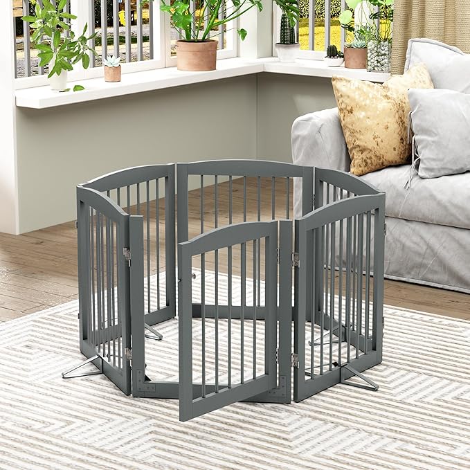 Freestanding Pet Gates with Walk Through Door, Dog Indoor Fence, Dog Gate for The House, Doorway, Stairs, Extra Wide Pet Gate, Support Feet Included, 120 Inch Wide, 6 Panels 24" Tall, Gray