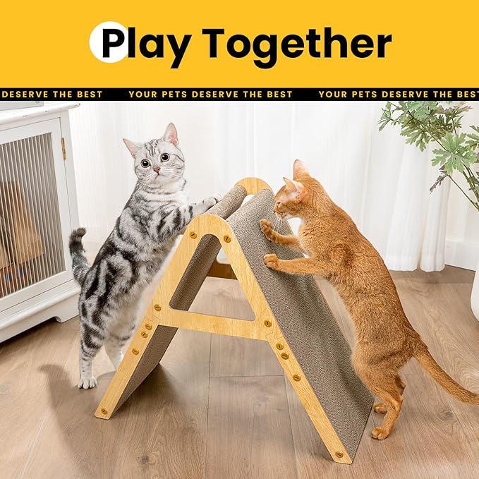 A-Frame Cat Scratchers for Indoor Cats, Wood Frame & Recycled Cardboard Scratch Pad, Dual-Sided Vertical Horizontal Scratching Board, Space-Saving Furniture Protector for Sofa Walls, Medium