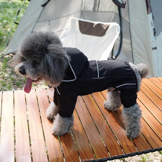 LOVELONGLONG Waterproof Dog Raincoat with Removable Hood – Outdoor Full Body Dog Jacket, Windproof Snowproof Shell Suit – All Season Pet Rain Gear Black 3XL