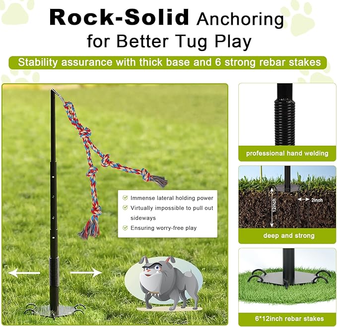 Outdoor Tug of War Dog Toy, Tether Interactive Dog Tug Toy Backyard Heavy-Duty Dog Solo Play Exercise Toy for Large Medium Dogs, Height Adjustable, 2 Rope Toys