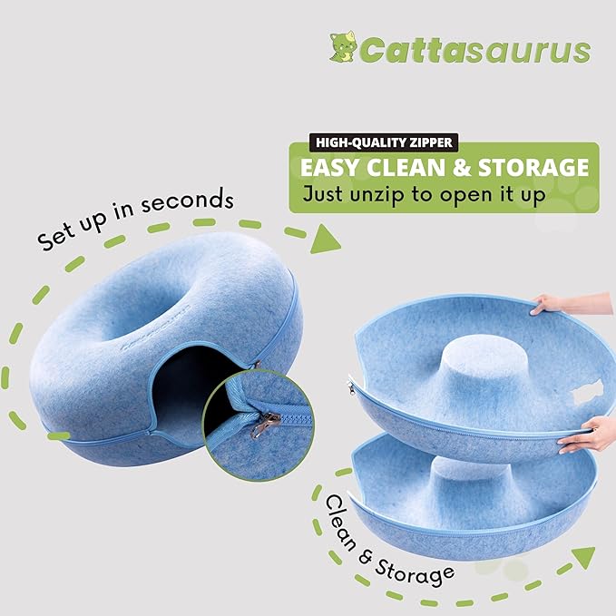 Cattasaurus Peekaboo Cat Cave Donut for Multiple & Large Cats up to 30-45 lbs, 3-in-1 Self Warming Cat Bed, Tunnel & Scratcher for Indoor Cats, Washable & Detachable Small Dog Bed (Blue, Jumbo)