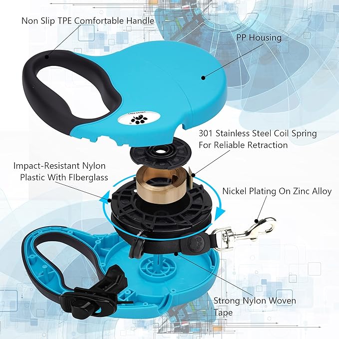 16ft Retractable Dog Leash for Large Breed Dogs up to 110 lbs with a Detachable Chew Proof Extender Wire Ropes (Blue L)