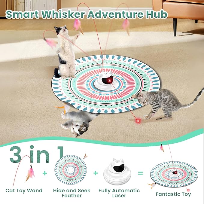 3 in 1 Automatic Interactive Cat Toy, Cat Laser Pointer Toy with Random Trajectory, Hide and Seek Moving Feather, Rechargeable Electronic Teaser Wand for Bored Indoor Cats