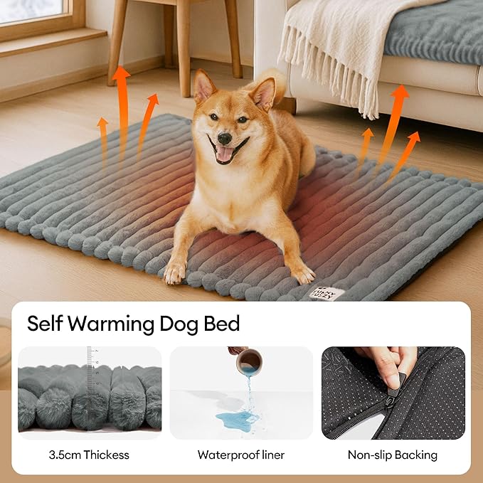 FUNNY FUZZY Self Warming Cat Bed, Waterproof Corduroy Fleece Warm Self Heating Pad for Cats & Dogs, Non-Skid Thermal Pet Mat Indoor with Removable Washable Cover - ThermoPad, 31.5"×25", Grey