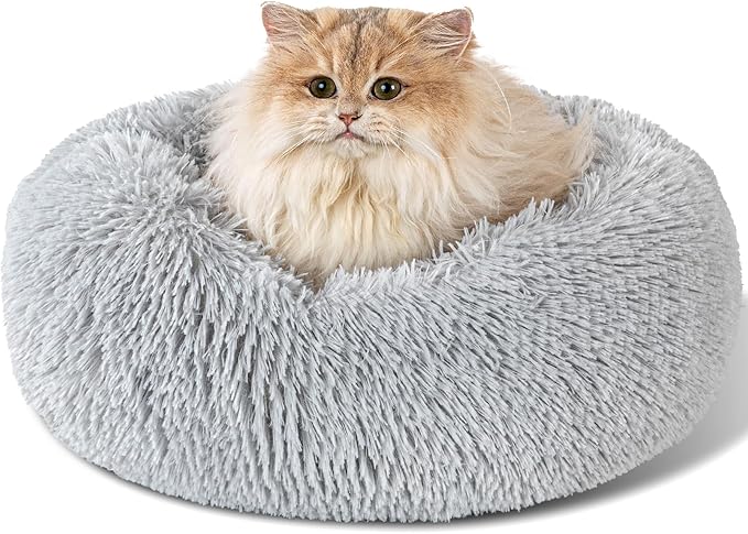 Dog Calming Beds for Small Medium Dogs - Round Donut Washable Dog Bed, Anti-Slip Faux Fur Fluffy Donut Cuddler Anxiety Cat Bed(16" Light Grey)