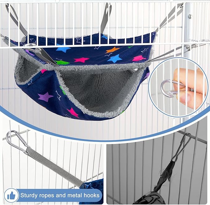 Bienbee 2 Pcs Ferret Rat Hammock Set for Cage Washable Guinea Pig Hideout Bed Soft Small Animal Hammock Tunnel Toys Ferret Cage Accessories for Hedgehog Sugar Glider Squirrel Hamster, Blue Stars