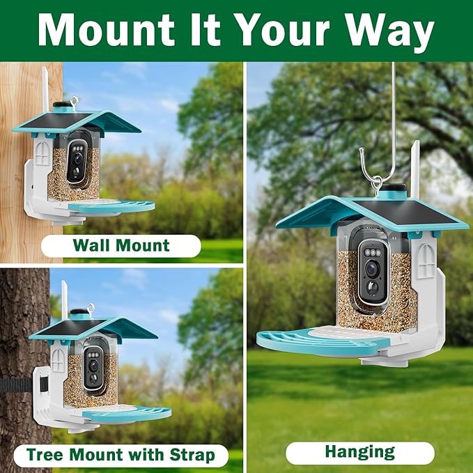 Smart Bird Feeder with Camera Solar Powered - AI Bird Identification, 2K HD Video Live Stream Camera, 3MP Photos, 2.9in Focus, Gifts for Mom Dad Birdlovers, Blue