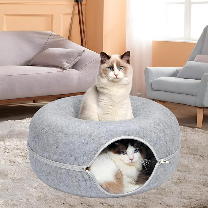 24inch-Tunnel Bed for Indoor,cattasaurus Peekaboo cat cave for Multiple,Detachable Felt Felt Washable Interior for Indoor Cats,Donut Tunnel (Light Gray)