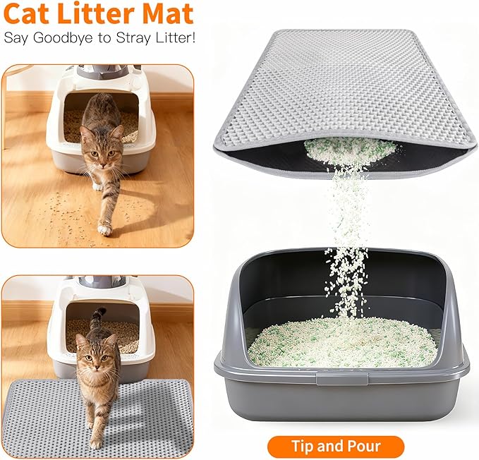 Cat Litter Box Mat for Small Cats, Double Layer Honeycomb Cat Litter Trapping Mats, Waterproof Urine Proof Non-Slip Litter Pad for Indoor Kitty Cat Litter Rug, Easy to Clean Grey (23.6'' x 14.9'')