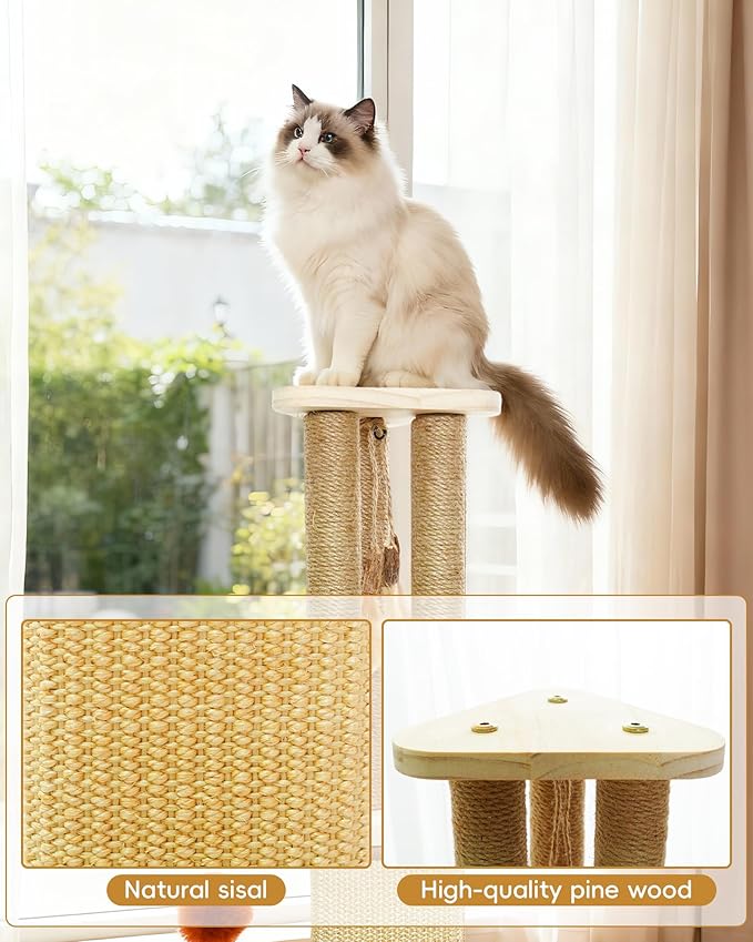 Cat Scratching Post, 26.3 Inch Scratch Post for Indoor Cats, Sisal Scratcher Posts for Medium/Small Cat, with Sturdy Wood Hexagonal Base, Silver Vine Feather Toy & Scratch Pad, Kitten Toys