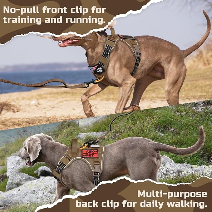 rabbitgoo Tactical Dog Harness Medium Sized Dog, No Pull Military Service Vest with Handle & Molle, Easy Control for Training Walking, Adjustable Reflective Straps, Brown, M