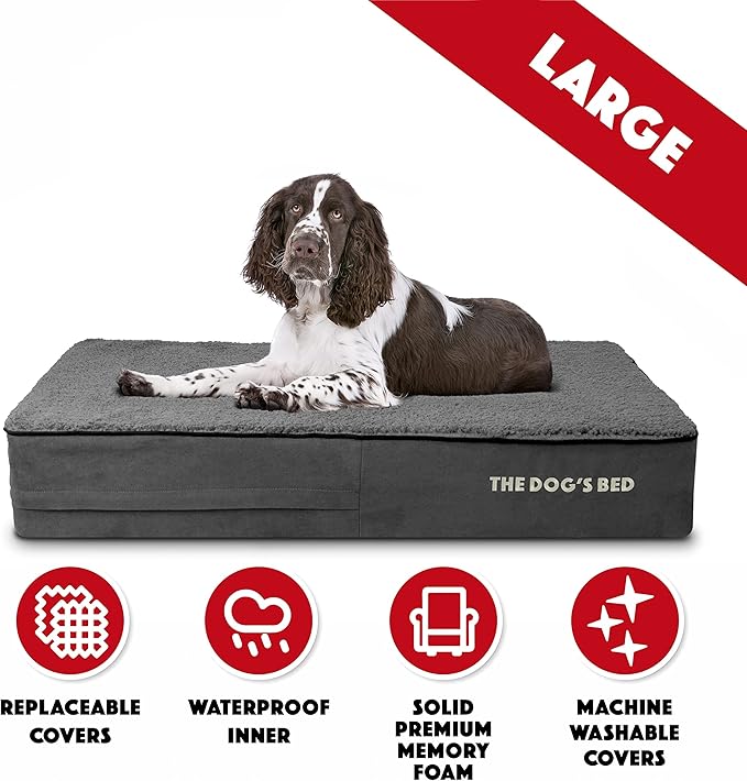 The Dog’s Bed Orthopedic Memory Foam Dog Bed, Large Grey Plush, Pain Relief for Arthritis, Hip & Elbow Dysplasia, Post Surgery, Lameness, Supportive, Waterproof Washable Cover, Veterinary Approved