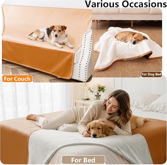 Waterproof Blanket for Bed King Size, Leak Proof Dog Couch Blankets Reversible, Pet Throw Sofa Furniture Protector Machine Washable-82 x108,Orange+Cream