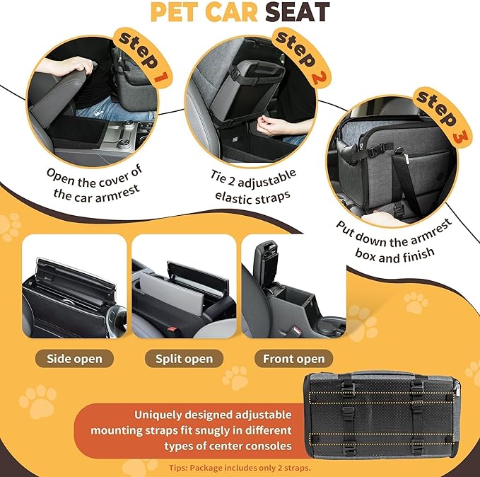 YUDODO Large Dog Car Seat for Center Console (Width＞9.5in) Fits 10-20lbs, Anti-Slip Puppy Cat Travel Portable Booster Seat, Luxury Pet Car Bed Carseat PU Leather Gray