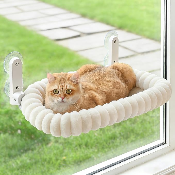 Cat Window Perch with Bolster, Cordless Foldable Cat Window Hammock with Strong Suction Cups & Metal Frame, Machine Washable Pet Bed for Indoor Cats (White, Medium)