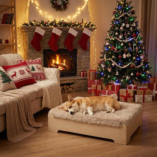 GLOSSGODS Elevated Dog Bed and Mattress with Removable Washable Cover, Egg Crate Foam, Wooden Frame, Suitable for Pet Up to 50 lbs, Naturalwood M