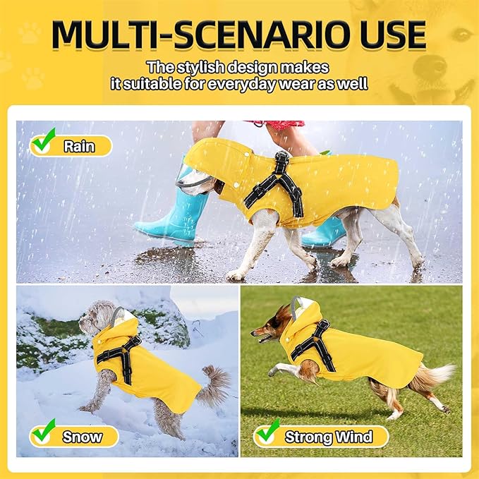 SlowTon Dog Raincoat Waterproof - Dog Rain Jacket with Harness and Hood Lightweight, Reflective Dogs Rain Coat for Large Medium Small Dogs Girl Boy Puppy Poncho Pet Clothes (Yellow, XS)