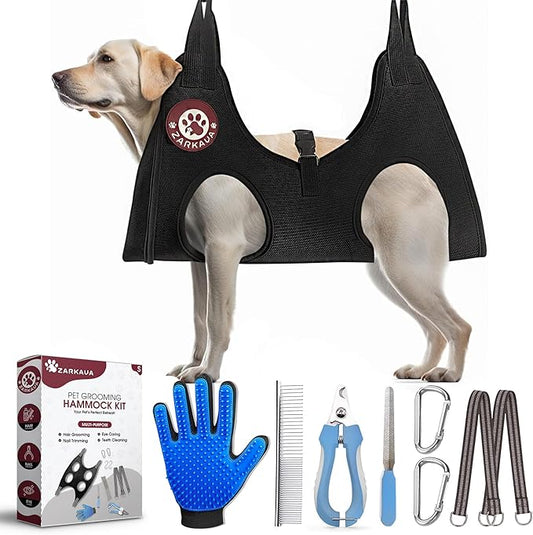 Dog Grooming Hammock for XL Dogs, 85 lbs - All-in-One Dog Grooming Kit, Nail Trimming Grooming Kit for Dogs at Home - 1x Gloves, Nail Clipper, Brush for Shedding