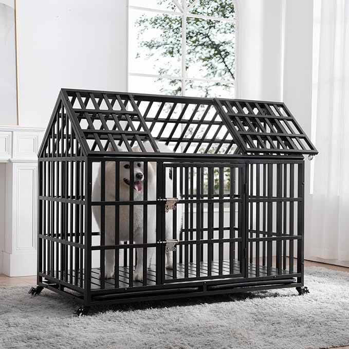 52/48/44 Inch Heavy Duty Dog Crate Indestructible and Escape-Proof Dog Cage Kennel for Large Medium Dogs Extra Large XL XXL with Lockable Wheels Removable Tray Double Door Black