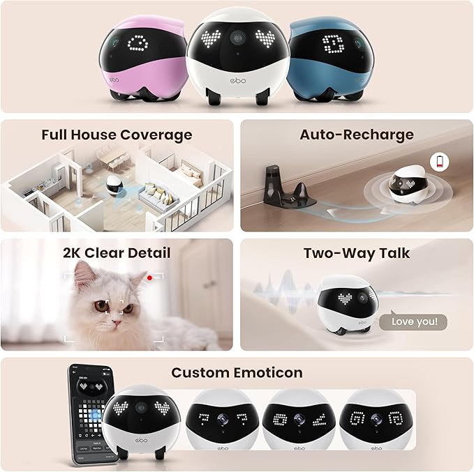 Enabot EBO Air 2 FamilyBot Indoor Security Camera Robot: 2K Pet Camera, Movable Home Robot, Custom Facial Expression, Auto-Recharge, Battery-Operated, 2-Way Talk, Night Vision(Jay Blue)